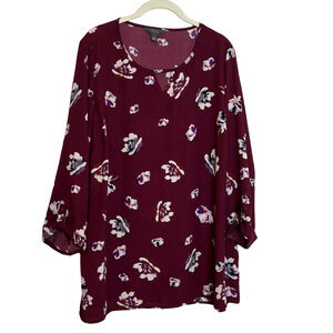 Mix by 41 Hawthorn Womens Chiffon Tunic Blouse 2X Burgundy Floral 3/4 Sleeve